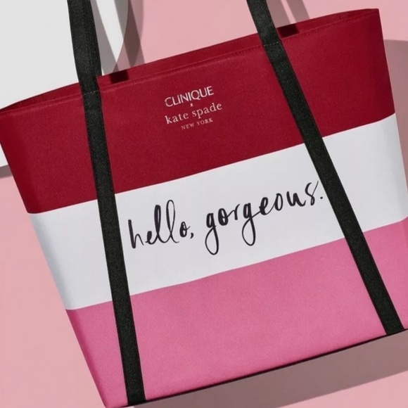 Clinique x Kate Spade Tote Bag & Makeup Bag "Hello Gorgeous" Red White Pink 2023 - Picture 3 of 5